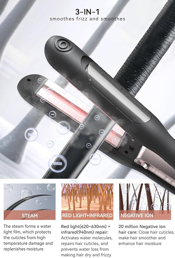 Steam Flat Iron and Culur - 1.25 Inch Hair Straightener for All Hair Types Adjustable Temp 284°F-410°F Fast Heat Up in 30 Sec (Black)