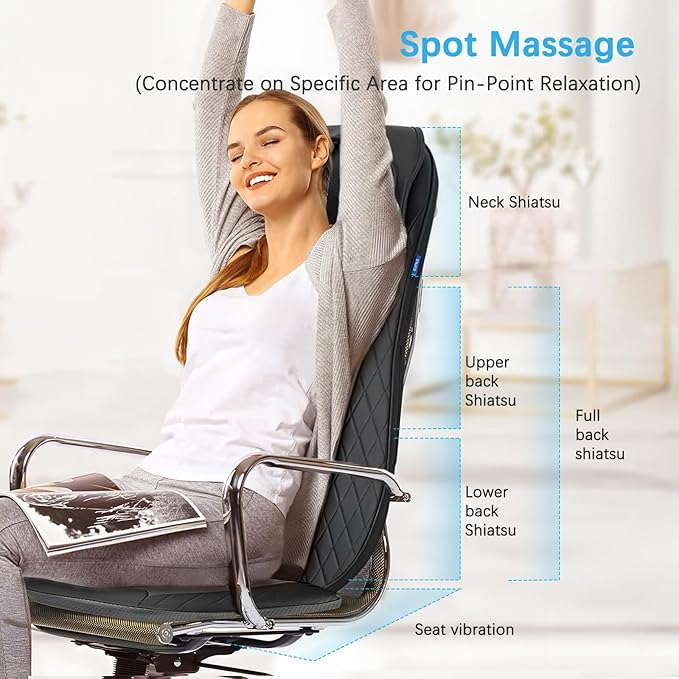 Shiatsu Neck &amp Back Massager with Heat Massage Chair Pad Cushion for Stress Relief Inflatable Flaps Back Support Kneading or Rolling Chair Seat Massage