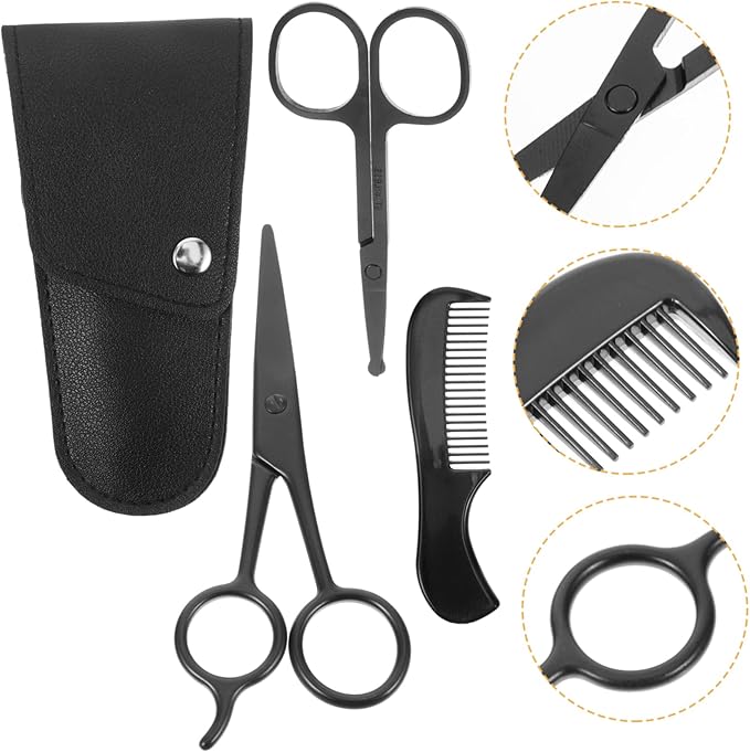 VICASKY 3sets Stainless Steel Trimming Scissors and Beard Shears Kit for Men Includes Comb and Storage Bag for Home Grooming and Barbershop Use
