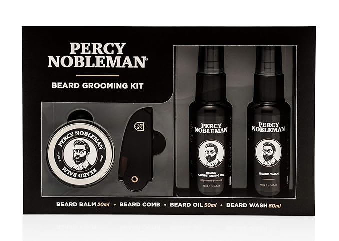 Percy Nobleman Beard Grooming Kit – Gift Set with Signature Scented Beard Oil (1.7 fl oz) Beard Wash (1.7 fl oz) Beard Balm (0.7 fl oz) &amp Beard Comb for Softening Hydration &amp Beard Maintena