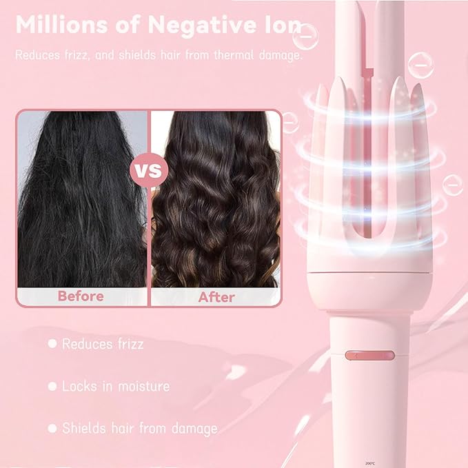 Automatic Curling Iron 1.25Inch Wave Curling Iron Fast Heating Hair Curling Wand with 3 Temp &amp LED Display 60Min Auto Shut-Off Anti-Scald Anti-Tangle Rotating Curling Irons for Hairstyle (Pink