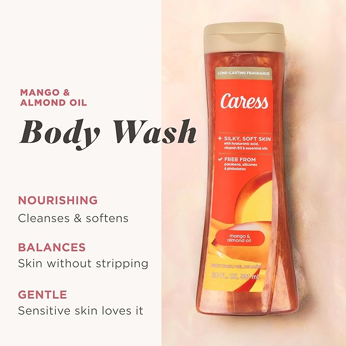 Caress Mango &amp Almond Oil Body Wash Hyaluronic Acid &amp Vitamin B3 for Moisturized Silky Soft Skin Long-Lasting Tropical Fragrance 20 fl oz (4 Pack)