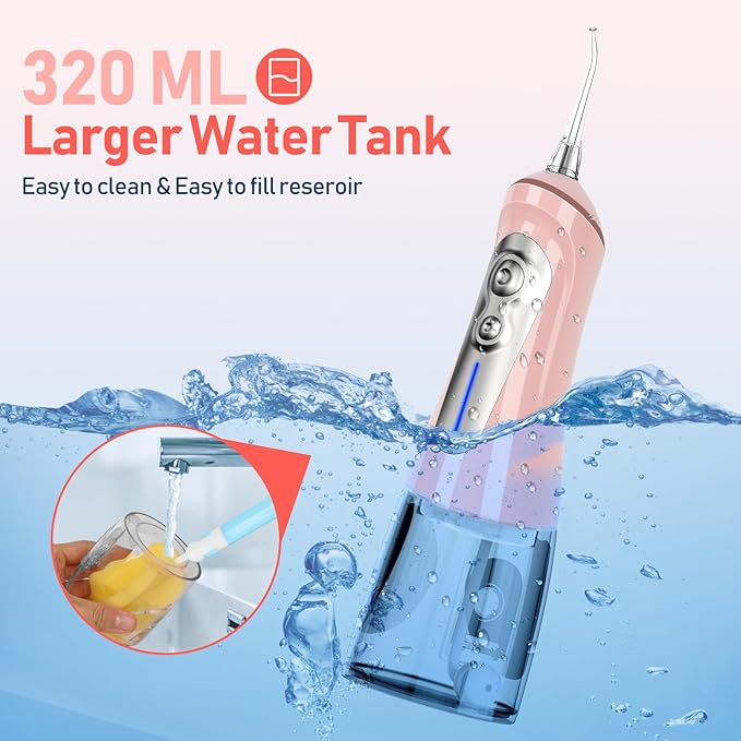 NBGRLVS Water Dental Picks for Teeth Cleaning6 Modes 6 Tips and Storage Case Water Dental Flossers Cordless 320ML IPX 7 Waterproof Rechargeable Portable Electric Dental flosser for Trave Home (Pink)
