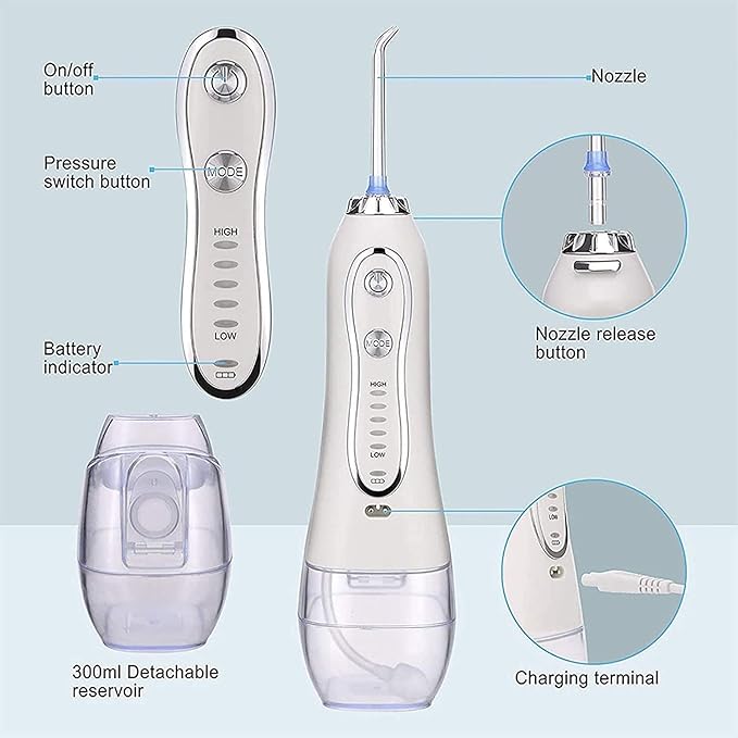 Rechargeable Water Dental Flosser Cordless: Power Teeth Cleaner with USB Cable IPX7 Waterproof Flosser for Oral Bridges Care with 5 Mode 300ML Detachable Water Tank