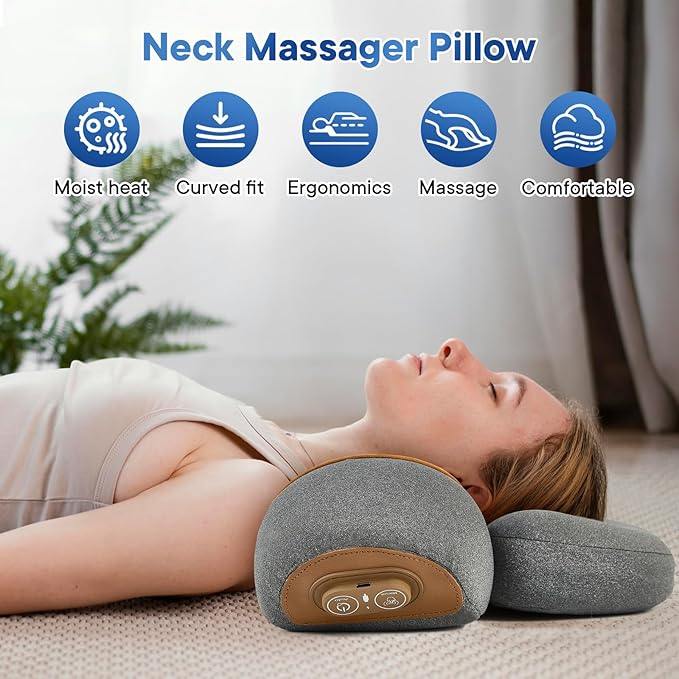 3-in-1 Rechargeable Neck Massager Pillow with Heat Vibration &amp Traction Deep Tissue Pain Relief Neck Hump Corrector &amp Cervical Support for Home Office Travel (Gray)