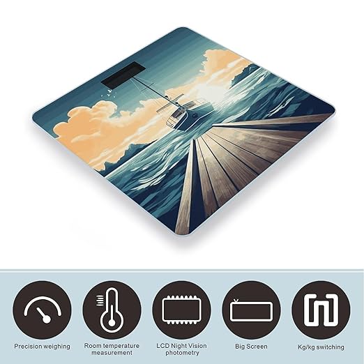 Boat Seascape Theme Bathroom Scale for Body Weight Bathroom Digital Electronic Weighing Scale with Back Lit LED Display Sturdy Tempered Glass Weight Watchers Scales 400lb