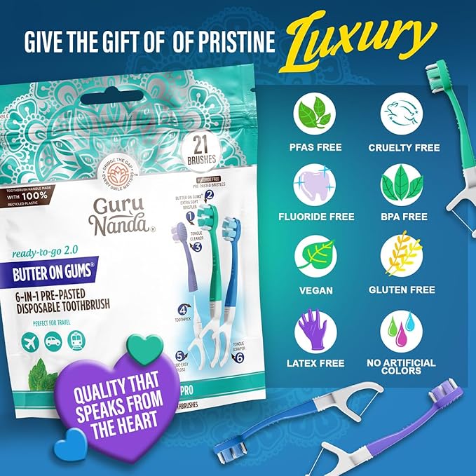 GuruNanda On-The-Move Smile Kit – 6-in-1 Ready-to-Go Toothbrushes (21ct) &amp Compact TSA-Friendly Water Flosser (Black) with Collapsible Tank for Easy Oral Care