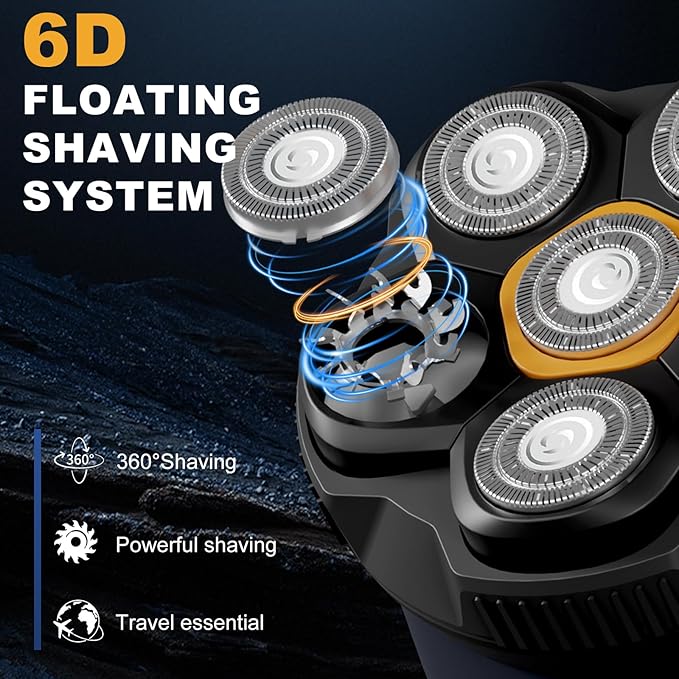 Upgraded 6D Electric Head Shaver for Bald Men - IPX7 Waterproof Wet/Dry Razor with Detachable Magnetic Head LED Display and Type-C Fast Charging – Ergonomic Grooming Kit for Smooth Shaving