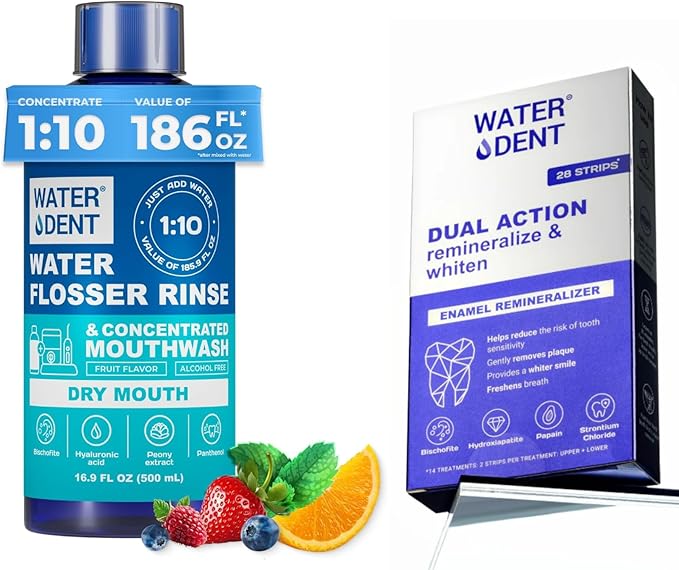 Whitening &amp Remineralization Teeth Strips and Concentrated Water flosser Rinse &amp Mouthwash Peroxide Free. Made in USA