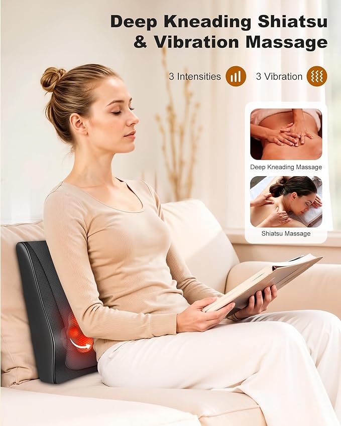 Snailax Shiatsu Back Massager with Heat Vibration Rechargeable Cordless Neck Back Massager for Pain Relief Deep Tissue 4D Deep Kneading Back Massage Pillow Gifts for Mom Dad-Home Office Use