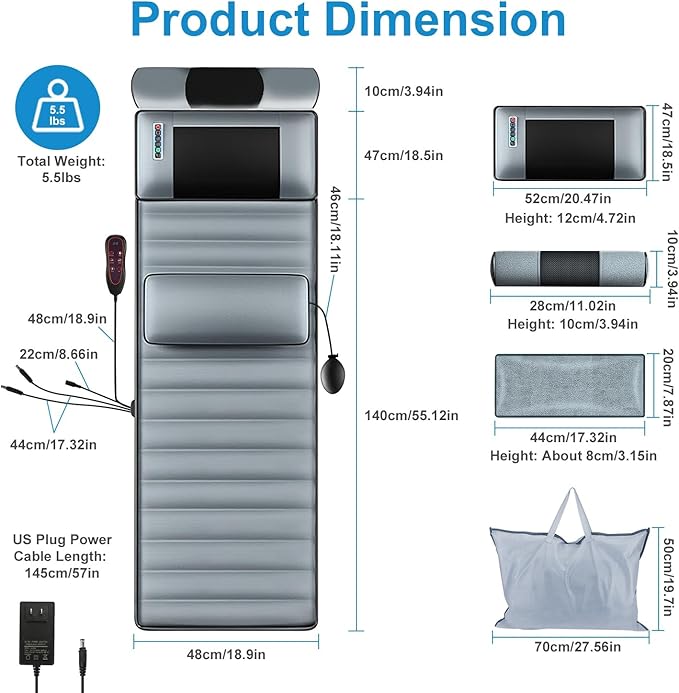 Full Body Electric Massage Mat with Heat 10 Vibration Motors 3 Timers Vibration Massage Pad for Bed Back Mattress Chair Pad with Neck Massager Lumbar Pillow