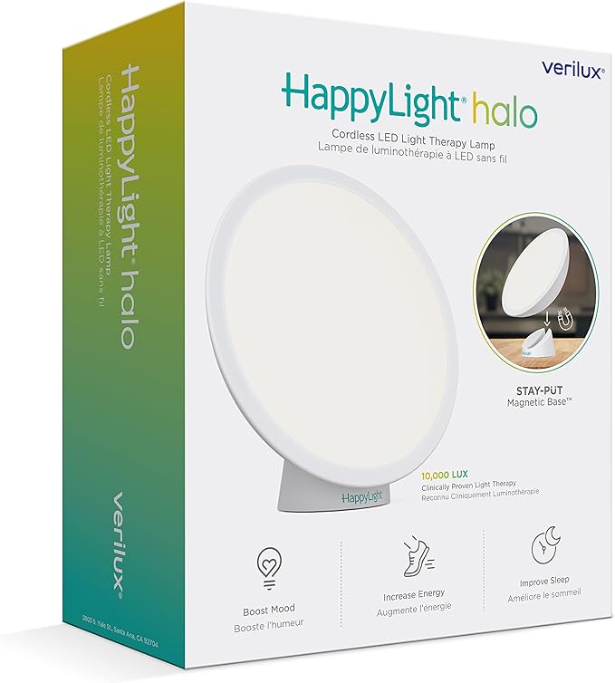 Verilux HappyLight Halo - Cordless LED Light Therapy Lamp with a 360° Magnetic Base &amp Rechargeable Battery for Portable UV-Free Full Spectrum 10000 LUX Light with Adjustable Brightness and Colo