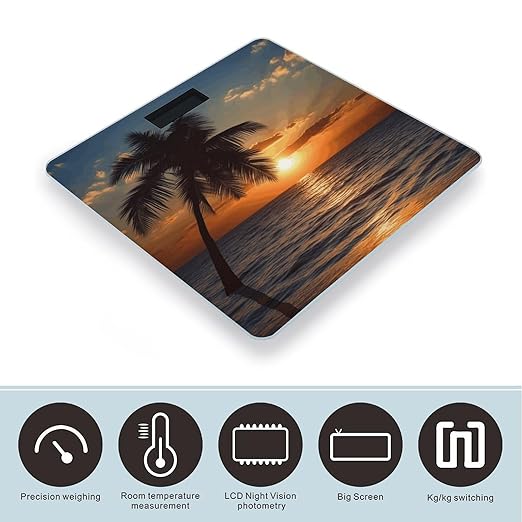 Sunset Palm Tree Ocean Bathroom Scale Automatic Power On/Off Body Scales LCD Backlight Display Square Digital Scale Rounded Corners Bathroom Scales for Home Bedrooms