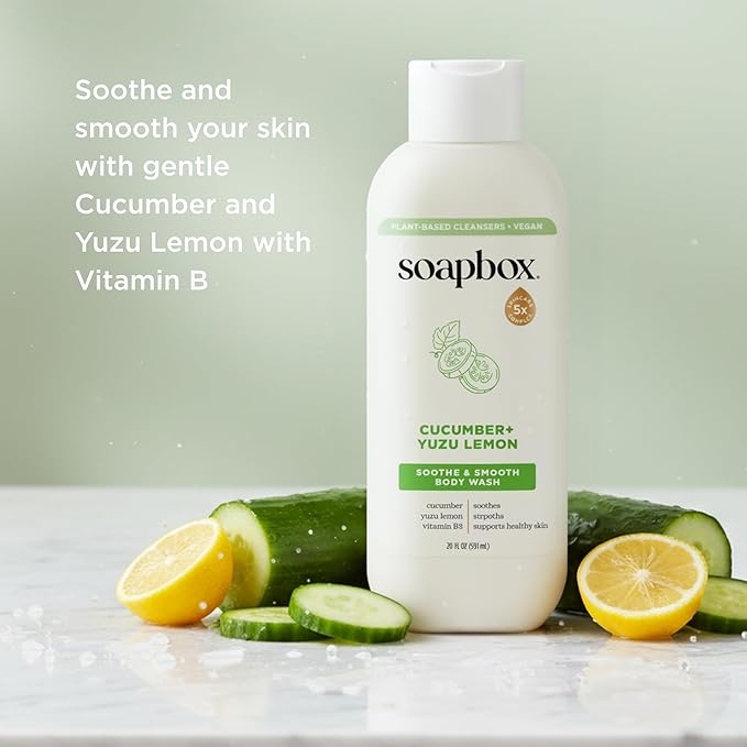 Soapbox Cucumber + Yuzu Lemon Body Wash for Women Men Vegan + Antioxidant Rich Soothing Moisturizing Soap with Shea Butter Peptides &amp Keratin Promoting B3 3 Pack 20oz Each