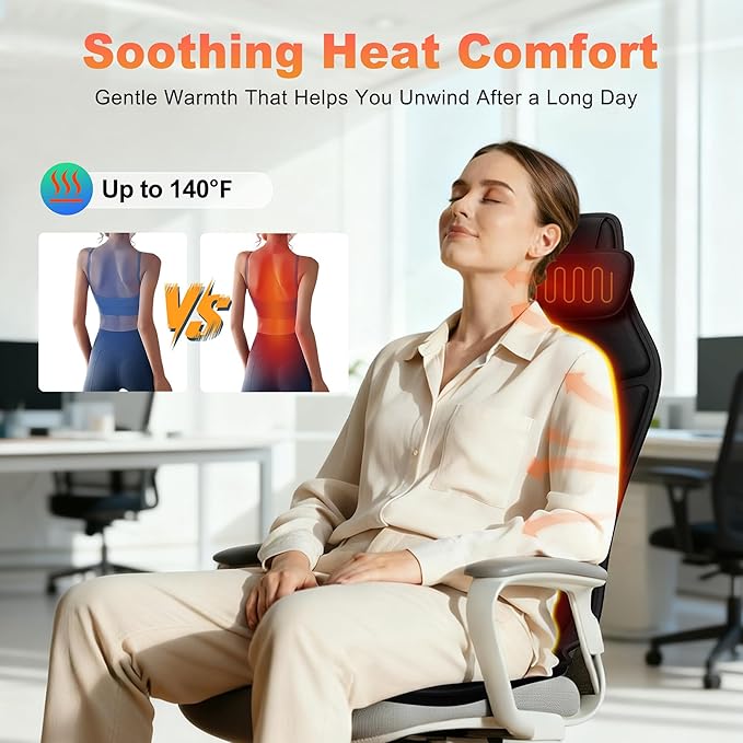 Massage Seat Cushion with Heat Adjustable Neck Support Breathable Lumbar Comfort Gentle Vibration Back Massager for Office &amp Home Chair Relaxation Gift