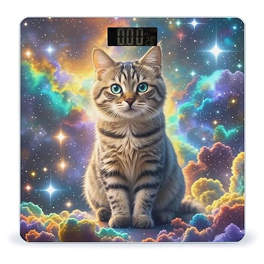 Cat Sitting Inside Nebula Bathroom Scale for Body Weight Bathroom Weighing Scales with Back Lit LED Display Sturdy Tempered Glass Body Weight Bathroom Scale 400lb Weighing