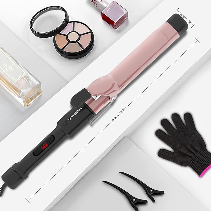 MegaWise Pro 1 1/4 inch Ceramic Barrel Hair Curling Iron 60s PTC Fast Heating Tech Anti-Scald Insulated Grip &ampTip Auto Shut Off and 360° Swivel Cord 2 Clips and Heat-Resistant Glove Included