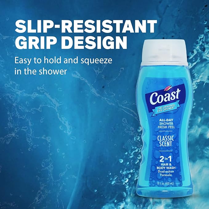 Coast 2-in-1 Hair and Body Wash Classic Scent - Men's Body Wash Shampoo &amp Conditioner - 6 Pack x 18 Fl Oz - Moisturizing &amp Refreshing Rich Lather for Energized And Clean Skin