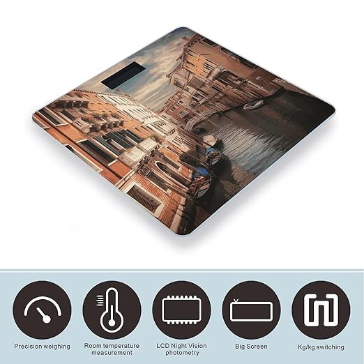 Beautiful Venice Canal View Bathroom Scale for Body Weight Bathroom Digital Electronic Weighing Scale with Back Lit LED Display Sturdy Tempered Glass Weight Watchers Scales 400lb
