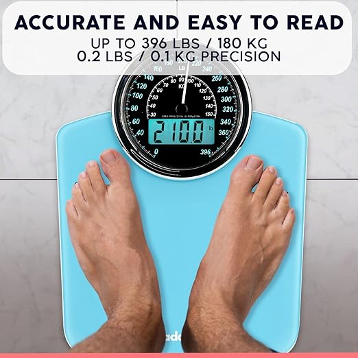 Adamson Hybrid 2-in-1 Analog &amp Digital Weighing Scale for Body Weight up to 400lbs - Thick Tempered Glass - Extra Large Display - Easy to Read Digital Bathroom Scale - New - Light Blue