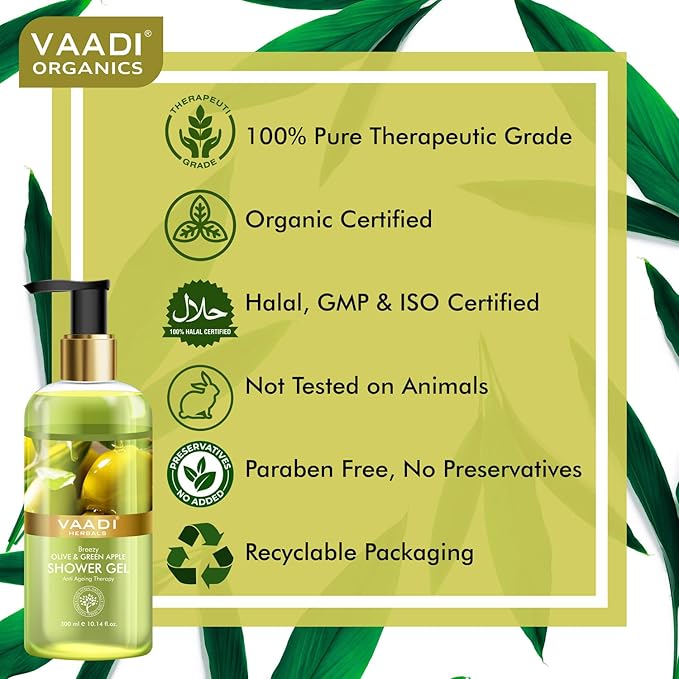 Vaadi Herbals Shower Gel - Sulfate-Free - Herbal Body Wash Both For Men And Women - 300 Ml (10.14 Fl Oz) - (Breezy Olive &amp Green Apple) (1 Bottle)