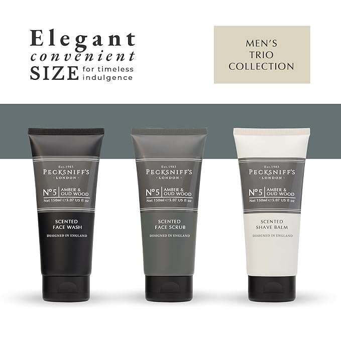 Pecksniff’s Men’s Trio Collection – Amber &amp Oud Wood – Face Wash Scrub &amp Shave Balm Gift Set 3 x 75ml