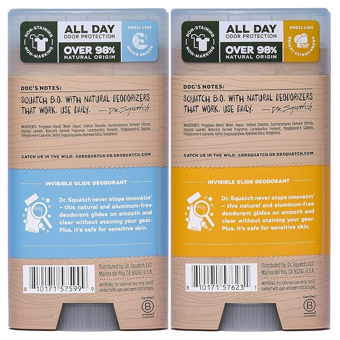 Dr. Squatch Invisible Glide Natural Men’s Deodorant – Smooth Glide No Stains – Aluminum Free Deodorant Men – Safe for Sensitive Skin – Coastal Mist + Summer Citrus 2.65oz (2-Pack)