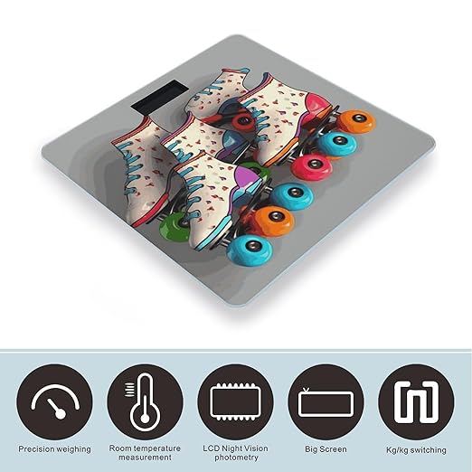 Retro Roller Skates Colorful Weight Scale Digital Electronic Scales Bathroom Scale Larg LCD Backlight Display High Precisio MeasurementsTempered Glass