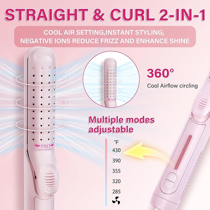 Airflow Styler Curling Iron360° Cool Air Lock in Style for Lasting Curls 2 in 1 Hair Straightener and Curler Anti-Scald for Short Long Hair（Pink）