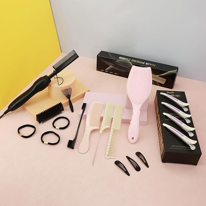 Hair straightening Comb for Wigs and Natural Hair with 15pcs Brushes Set 450℉ Small hot Comb for Edges Technology hot Comb Electric