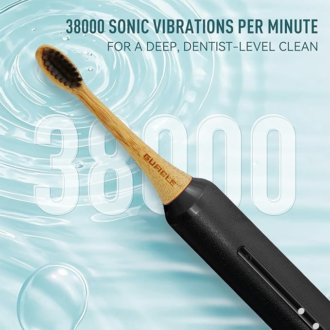 Bamboo Electric Toothbrush for Adults丨Rechargeable Electric Toothbrush with 3 Non Toxic Charcoal Infused Bamboo Brush Heads 5 Cleaning Modes 60 Days Battery Life IPX7 Waterproof-Black