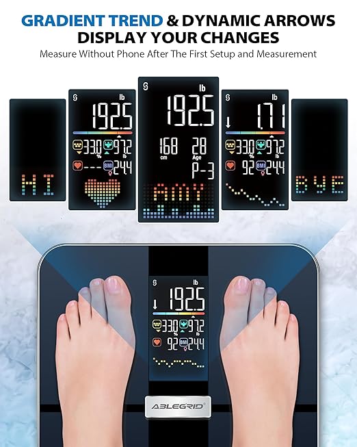 ABLEGRID Smart Body Fat Scale Rechargeable Digital Bathroom Scale for Body Weight Gradient Trends and Difference in Change Display 22 Body Metrics BMI Muscle Mass Heart Rate Water Weight 400lb