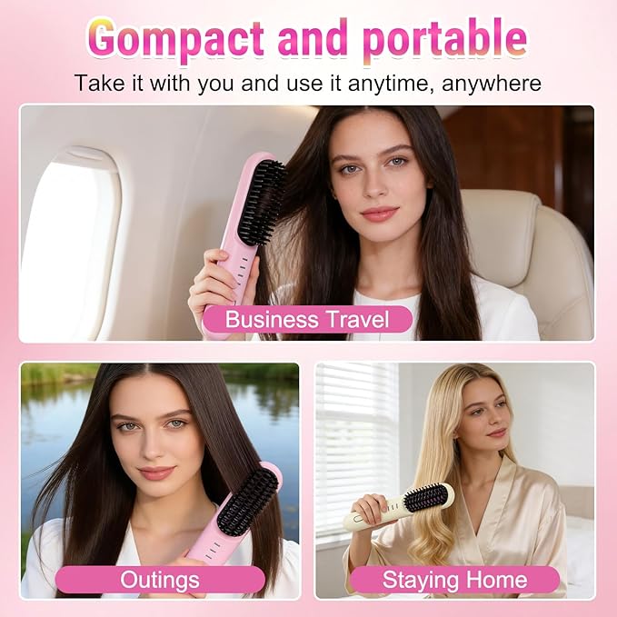 Go Brush Pro for Short HairCordless Hair Styling Brush 2-in-1 Smart Styler Fast HeatPortable Straightener Brushs for TravelFast Heating Cordless Mini Brushs(White)