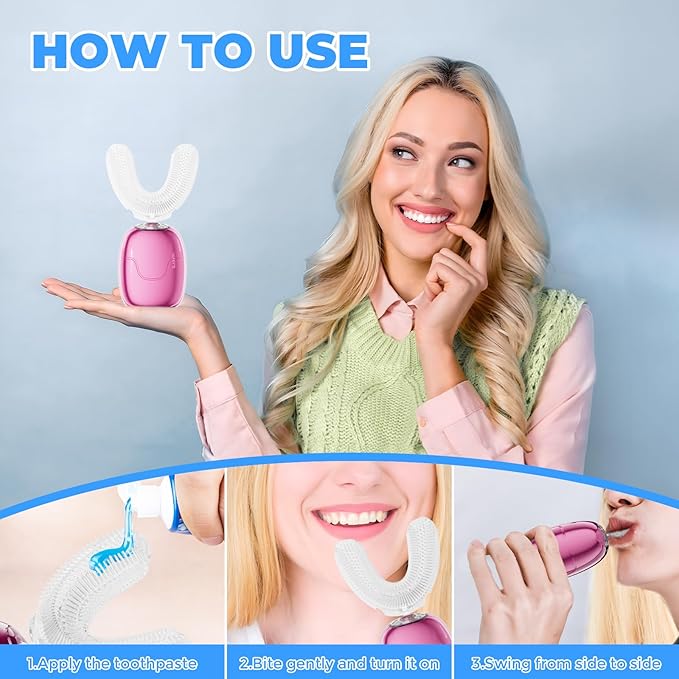 Electric Toothbrush Adults U Shaped Automatic toothbrushes360° Whole Mouth Cleansing 3 Cleaning ModesRechargeable Waterproof (White)