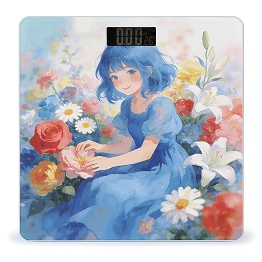 Blue Girl and Flowers Weight ScaleClear LED Display Bathroom Digital Weighing ScaleTempered Glass Digital Bathroom Scale for Body Weight Capacity Up to 400 Lbs
