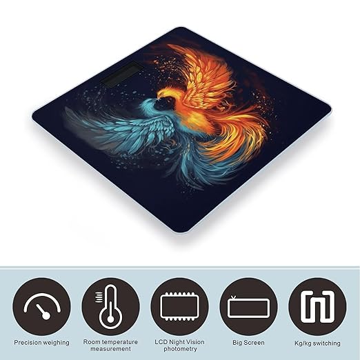 Fire and Water Phoenix Bathroom Scale Automatic Power On/Off Body Scales LCD Backlight Display Square Digital Scale Rounded Corners Bathroom Scales for Home Bedrooms