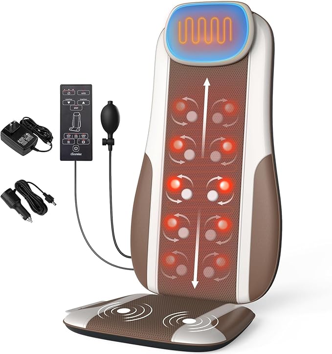 Shiatsu Back Massager with Heat Massage Chair Pad Seat Cushion for Stress Relief Deep Tissue Kneading &amp Roller 2 Vibration Motors Back Waist Hip Massager PU Leather with 2 Adapters