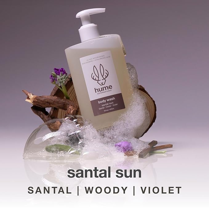 HUME SUPERNATURAL Ultra Nourishing Body Wash Santal Sun 16 fl. oz. - Cleanse nourish and replenish skin with Niacinamide Hyaluronic Acid and Prebiotics. Free from Sulfates Parabens Phthalates