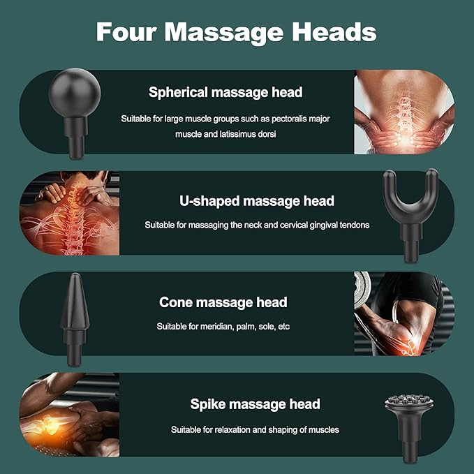 Ergocar Powerful Muscle Massage Gun Deep Tissue 6 Speeds Handheld Electric Body Massager with 4 Heads Super Quiet Portable for Athletes Sedentary Office Worker Touch Screen-Green