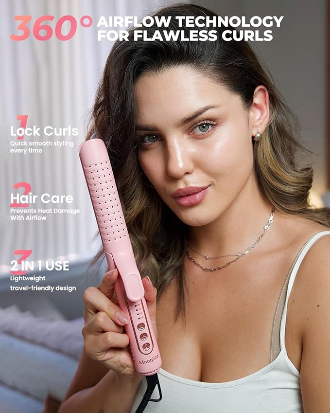 Airflow Styler Curling Iron Hair Straightener and Curler 2 in 1 with 360°Cooling Vents Dual Voltage Adjustable Temp Rose Pink