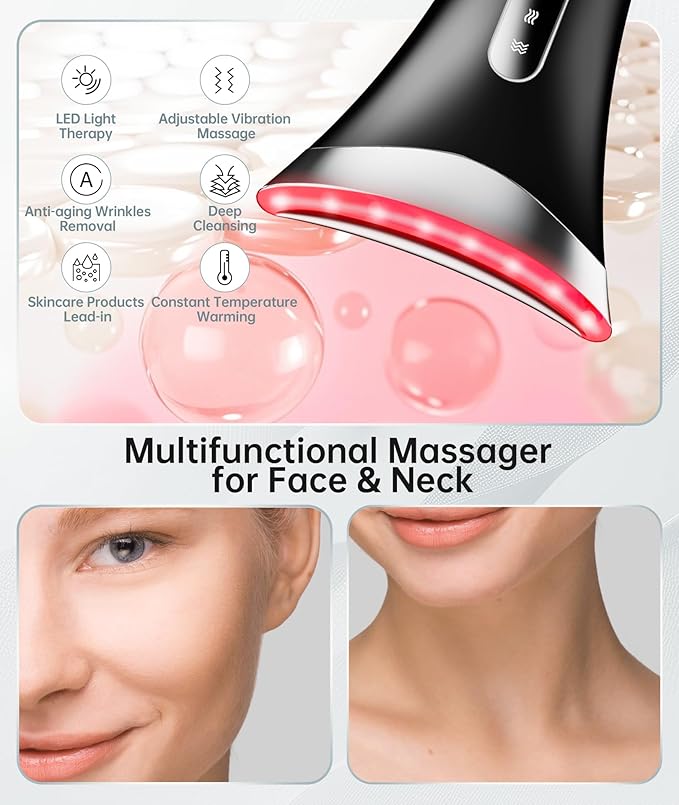 7 Color Light Therapy Facial Massager with Adjustable Vibration and Thermals for Wrinkles Double Chin Red Light Skin Care Tool with Base Black