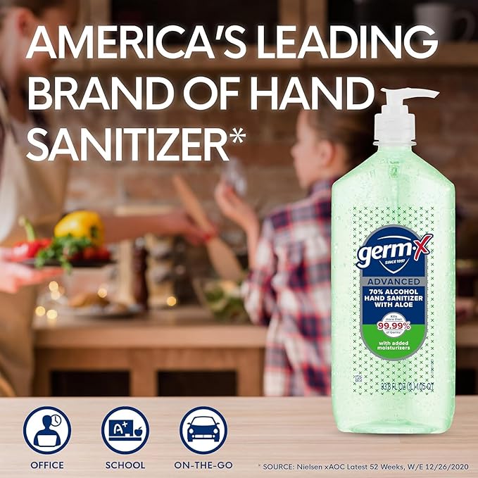 Germ-X Advanced Hand Sanitizer with Aloe and Vitamin E 1 Liter (Pack of 4) Less Drying Moisturizing Gel No Rinse Formula Pump Bottle