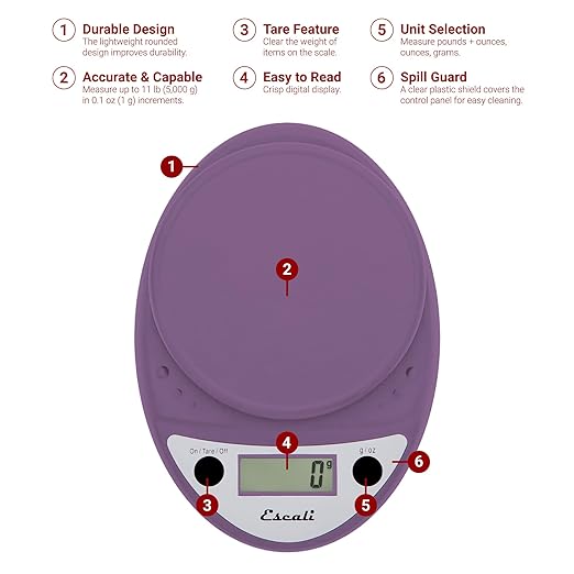 Escali Primo Digital Food Scale Multi-Functional Kitchen Scale and Baking Scale for Precise Weight Measuring and Portion Control 8.5 x 6 x 1.5 inches Lavender