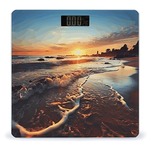 Sunset View on The Beach Shore Digital Bathroom Scale for Body Weight Weighing Scale with Backlit LCD Display High Precision Measurements &amp Measures Weight Up to 180kg