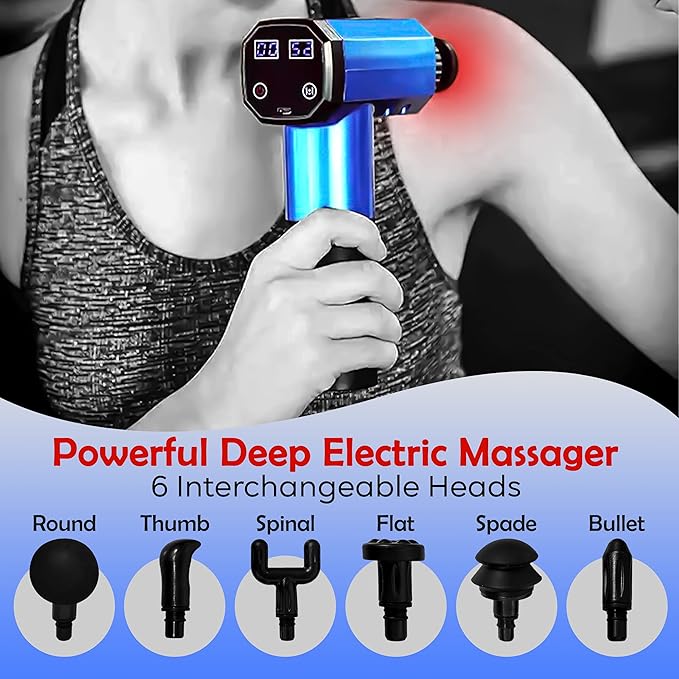 Accro Muscle Massage Gun Deep Tissue. Massage Gun with 6 Attachments. Hand Held Gun Massager for Athletes Muscle Recovery Therapy or Relaxation. Color: Blue. (Comes with Bag)