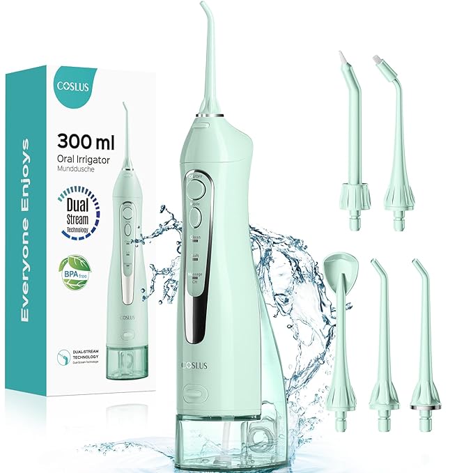 COSLUS Water Dental Flosser Teeth Pick C20(F5020E): Portable Cordless Oral Irrigator 300ML Rechargeable Travel Irrigation Cleaner IPX7 Waterproof Electric Flossing Machine for Teeth Cleaning Green