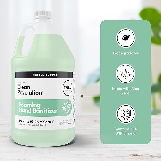 Clean Revolution Foaming Hand Sanitizer 128 Fl. Oz Refill Supply Container | Eliminates 99.9% of Germs |Gentle &amp Aloe Enriched | 70% USP Medical Grade Ethanol Medical Facility Compliant
