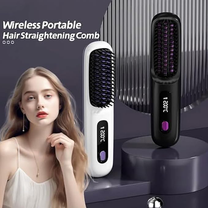 2026 New Brush Pro Portable Straightener Brush for Travel with LCD Temperature Display Fast Heating Cordless Mini Hair Brushs (Purple)