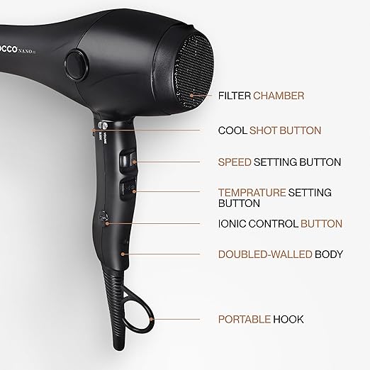 Cocco Nano Pro Hair Dryer Ultra Lightweight Ionic Intel System Ceramic Spheres Technology Professional Performance Black