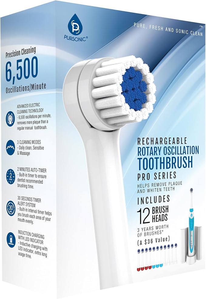 Pursonic S330 Deluxe Electric Toothbrush - Ultra Whitening Oscillating Rechargeable Battery Toothbrush for Adults with Dock Charger &amp 12 Brush Heads (Value Pack) (White)
